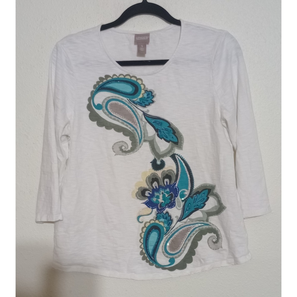 Chicos White Cotton Slub Paisley Floral Sequin Top 3/4 Sleeve Size 1 M 805276